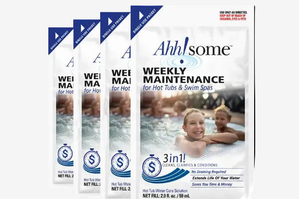 Four packets of Ahh!some Weekly Maintenance for Hot Tubs & Swim Spas shown on a white background, with the front packet larger and the three behind packets slightly offset.