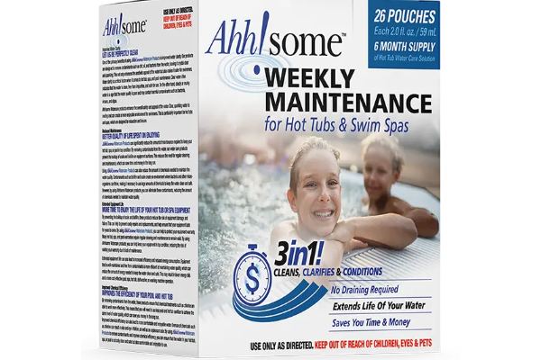 A box of Ahh!some Weekly Maintenance for Hot Tubs & Swim Spas, showing 26 pouches for a 6-month supply. The packaging features a white background with blue and black text, a blue dollar sign, and a photo of a smiling woman in a hot tub on the front.